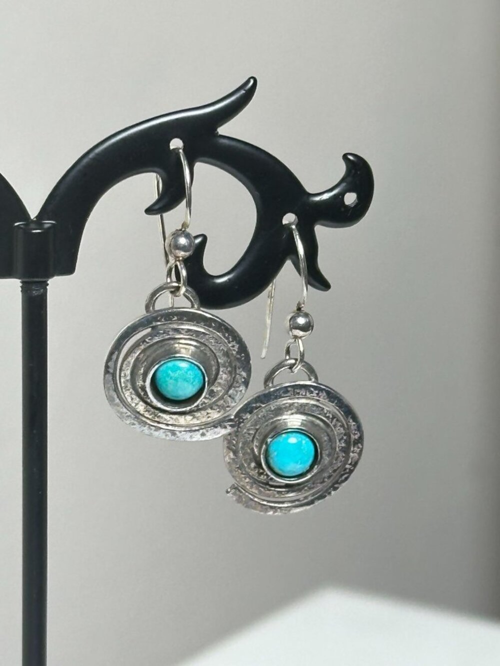 Vintage Turquoise Dangle Dainty Earrings Silver Spiral Disc Drop Earrings Boho - Picture 2 of 5